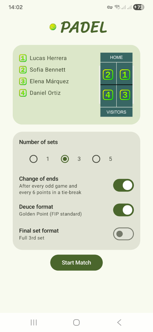 Screenshot of Padel game lobby