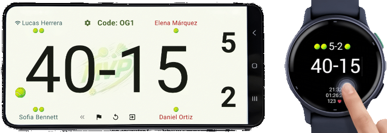 Padel scoreboard on smartphone and Garmin watch
