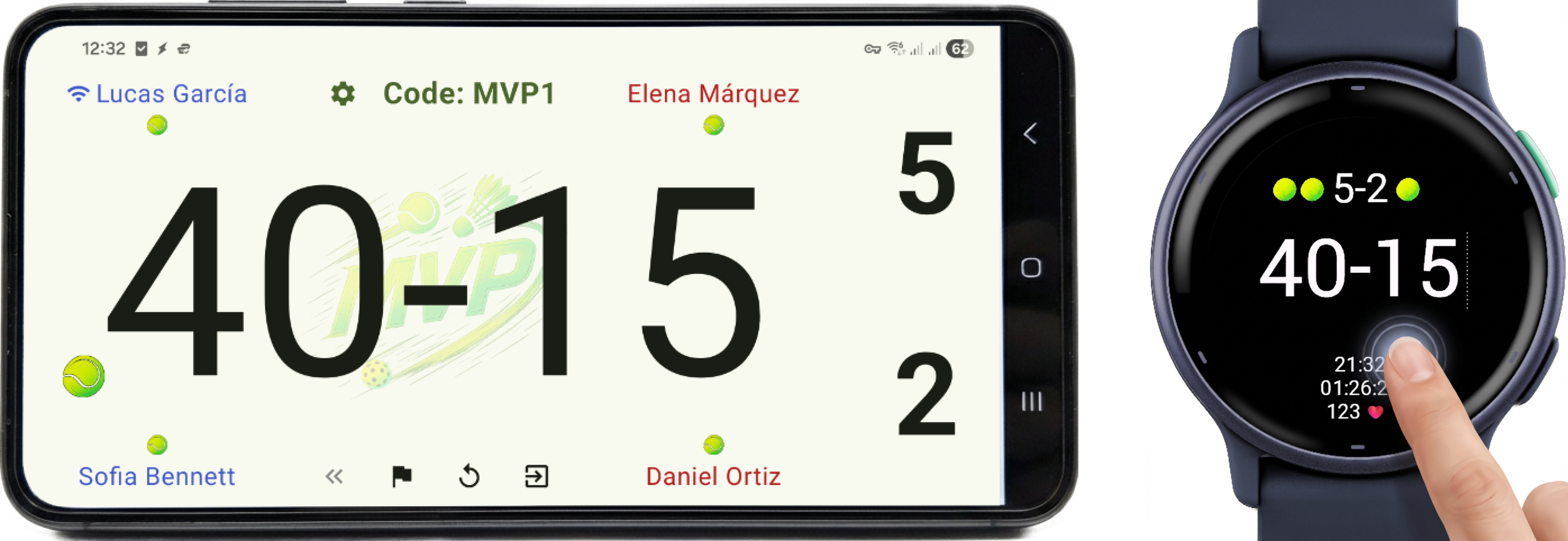 Padel scoreboard on smartphone and Garmin watch